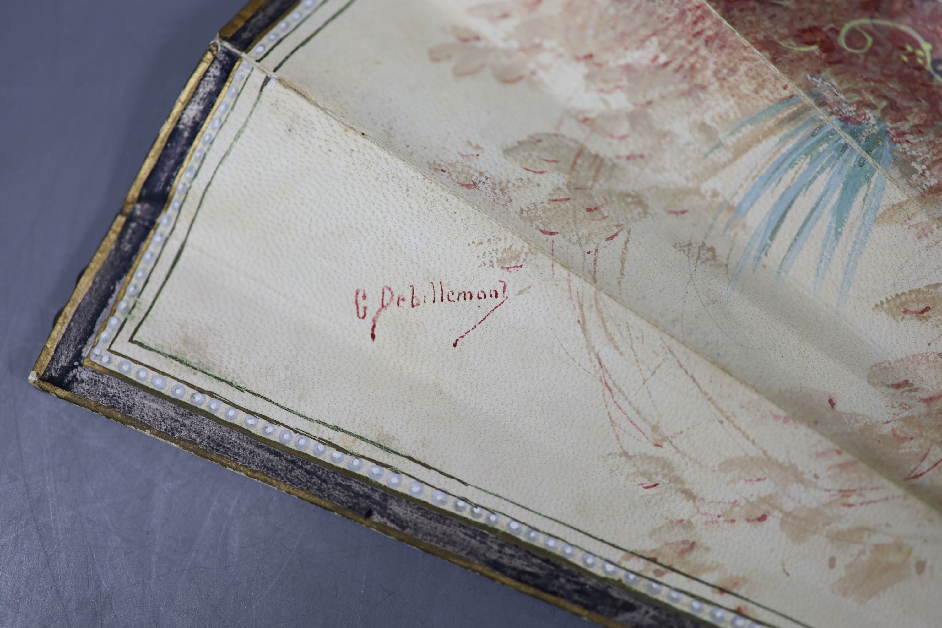 A late 19th century French painted vellum and tortoishell fan, 29.5cm and another